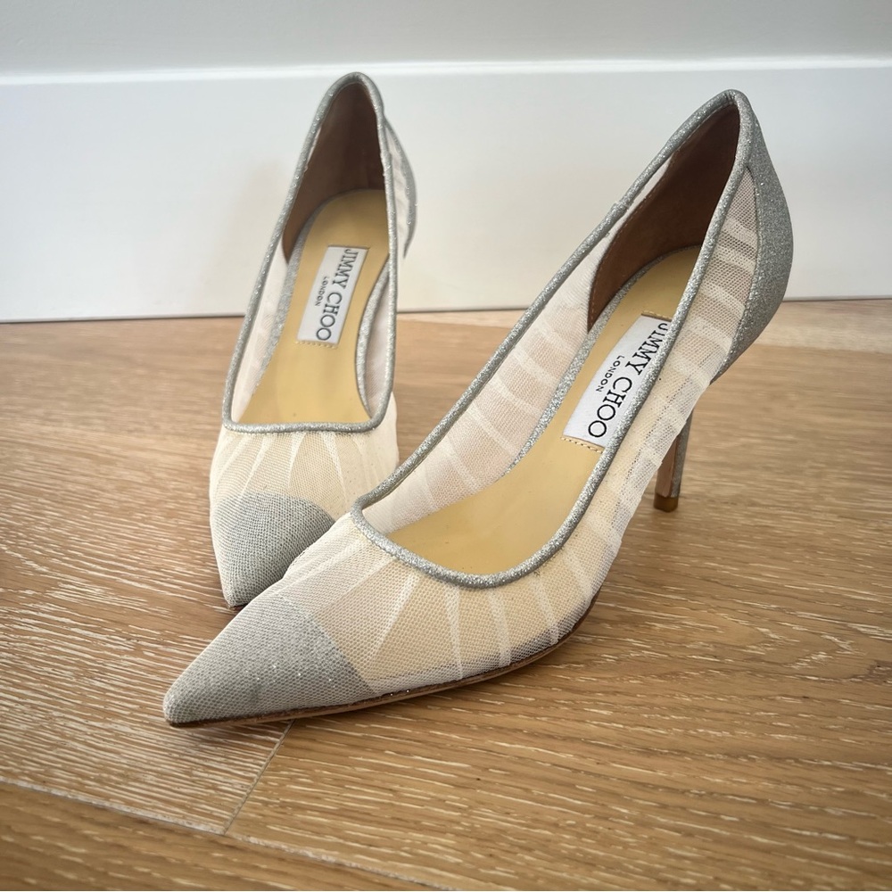 Jimmy Choo Love Pumps Size 34 85mm Silver Mesh Glitter Heels